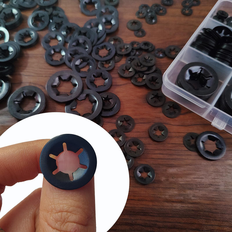 350 Pcs Internal Tooth Starlock Locking Washers, Push On Speed Clips Fasteners Washers Assortment Kit, Quick Speed 65Mn Black Clips Lock Washers GL014 - M3/M4/M5/M6/M8/M10/M12