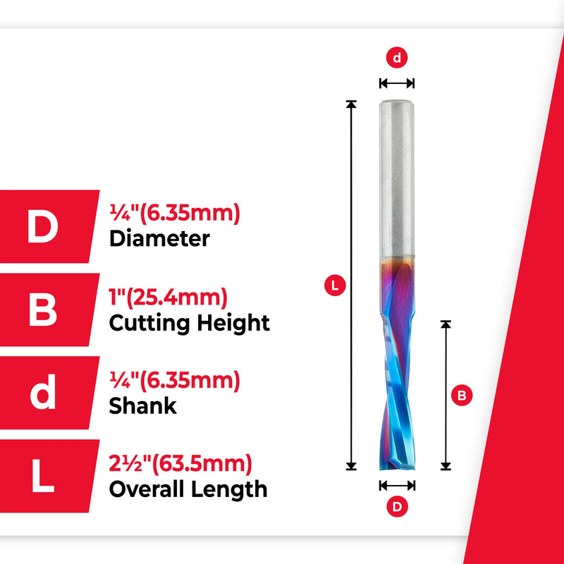 Amana Tool Spektra Extreme Tool Life Coated Solid Carbide Spiral Plunge Router Bit for Wood, 46248-K, 1/4 D x 1 CH x 1/4 SHK x 2-1/2 Inch Long Up-Cut Router Bit