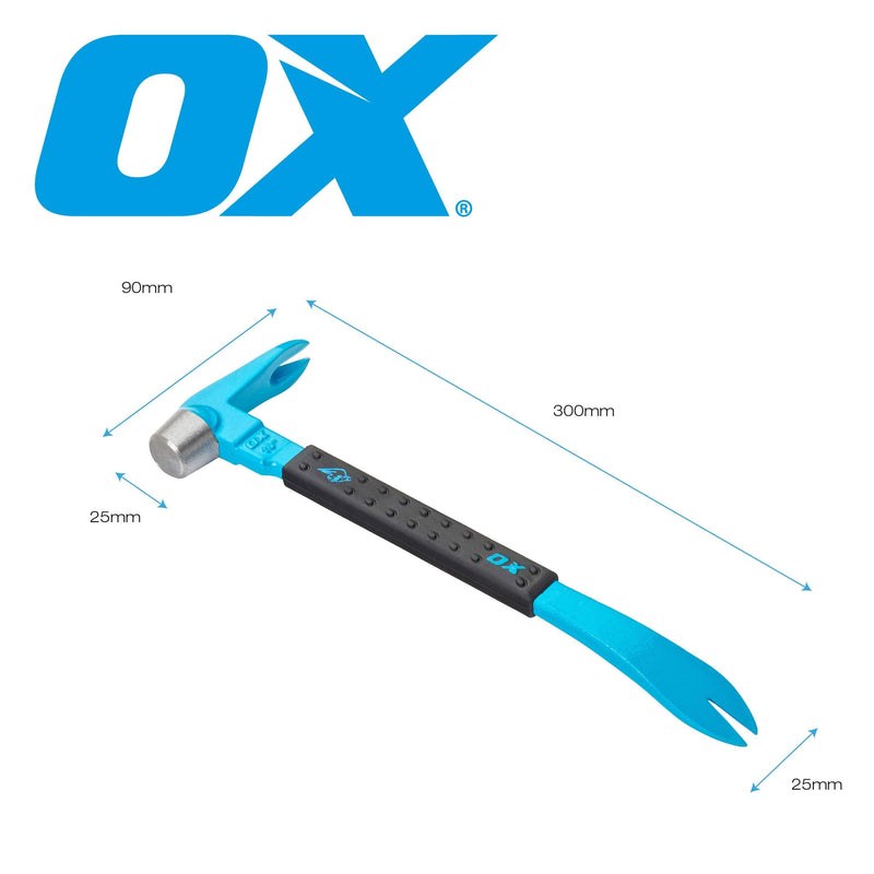 OX Tools Unique Hammer Head 12" Pry Bar - Multi-Functional Tool with Cats Paw, Crowbar | Rubber Grip, Polished Beveled Claws - Forged Steel Design for Strength and Durability Claw Bar 12-Inch