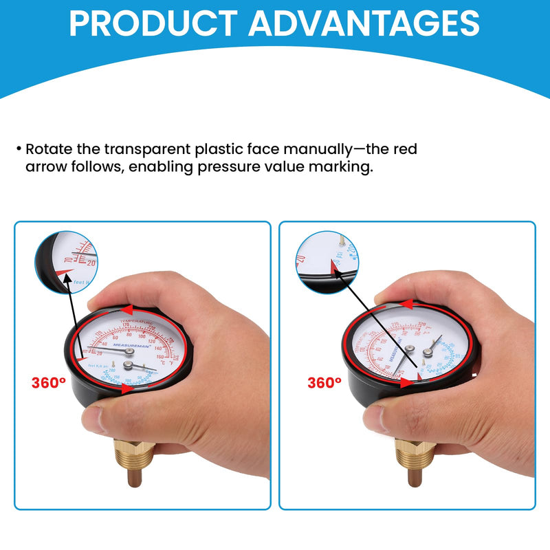 MEASUREMAN Commercial Tridicator Boiler Gauge Kit, 2.5" Dial, 0-200 PSI (ft H₂O) & 70-320°F, 1/4" NPT Back Mount with 1/2" NPT Adapter and O-Ring（2.95'' Stem） 0-200 PSI 60-320°F 2.95'' Stem,with 1/2" NPT Adapter