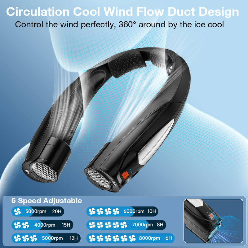 AI Neck Fan, 6 Speeds Adjustable Portable Personal Fan Rechargeable, Faster Cooling Wearable Fan, Ultra Quiet for Home, Office, Travel, Outdoor Black