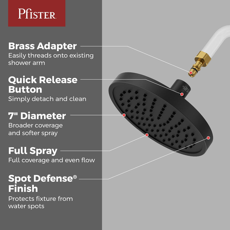 Pfister Universal Shower Head with QuickConnect Adapter, Single-Function, Round, 1.75 GPM, Spot Defense Matte Black Finish, 015WS2UT02QSDB