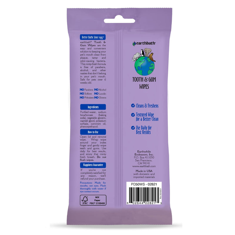 earthbath Tooth & Gum Wipes - Mint Dog Teeth Cleaning Wipes, No Brush Pet Dental Finger Swab for Dog and Cat Teeth Cleaning, Made in USA - Baking Soda & Cornmint, 50 Count