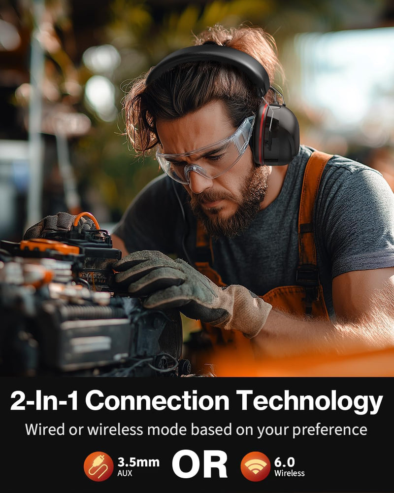 Bluetooth 6.0 Hearing Protection Headphones with 120H Working Time, 30dB SNR, Superior Stereo Sound Quality, Larger Buttons for Easy Operation, Safety Ear Muffs for Lawn Mowing, Workshops Black Polyvinyl Chloride