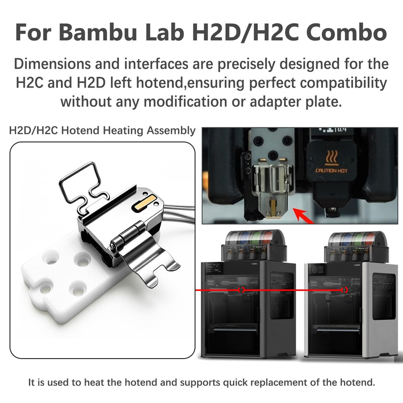for Bambu Lab H2D/H2C Hotend Heating Assembly - Left,Zirconia Ceramic Base with Pre-Installed Thermistor & Heater Cartridge – Excellent Thermal Insulation– Quick-Clamp Design for Bambu H2C H2D Parts for Bambu H2D/H2C Left