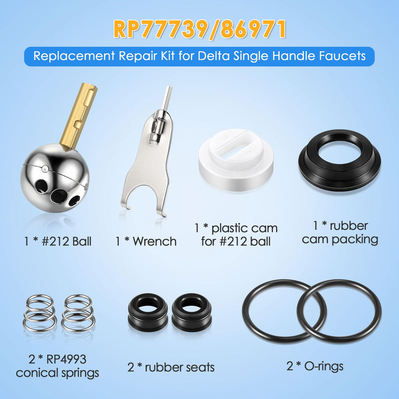 Dreyoo Single Handle Faucet Repair Kit with RP212 Stainless Steel Ball Valves and Knob Handles, Compatible with Delta/Peerless Single Handle Faucets, Replacement for RP77739 and 86971(1 Pack) 1
