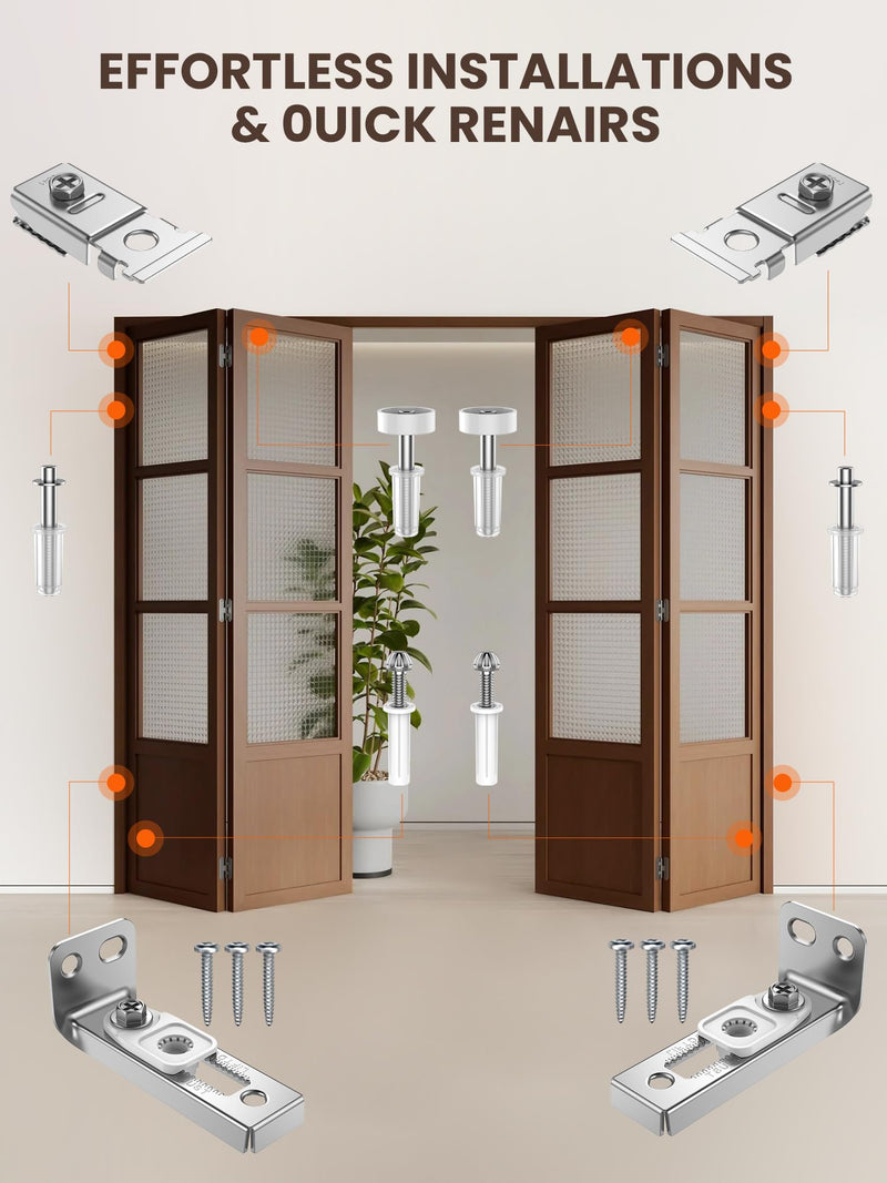 Bifold Door Hardware Repair Kit - 4 Pack Bi-fold Closet Barn Door Hardware Kit for 7/8" to 1" Track, Folding Pocket Door Replacement Parts Set Include Top Bottom Pivots Bracket and Guide Wheel (4Pack) 4Pack
