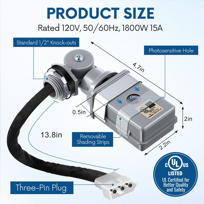 Plug in Photocell, IP44 Waterproof Lighting Sensor Compatible with Kichler Plus/Professional Series Transformers, Fits Standard 1/2" Knock Outs, 120V Dusk to Dawn Sensor for Outdoor Lights