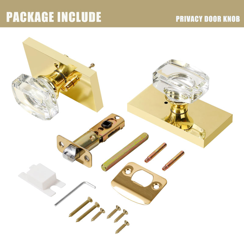 Gold Glass Crystal Door Knobs Interior with Lock, Modern Crystal Glass Privacy Door Knobs for Bedroom and Bathroom, Polished Brass