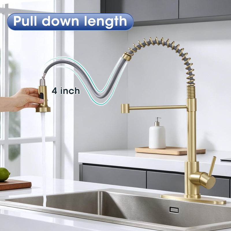 Kitchen Faucet with Pull Down Sprayer, Brushed Gold High Arc Single Handle Spring Pull Out Stainless Steel Faucet for Kitchen Sink, 2 Mode Utility Ideal for Laundry Camper Bar RV Room B-Gold Classic