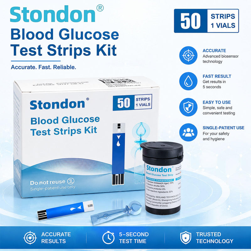 Stondon Blood Glucose Test Strips and Lancets, 50 Test Strips + 50 Lancets, Compatible with Stondon G430/G520/G425-3 Glucose Meters, No Coding Blood Sugar Testing Supplies