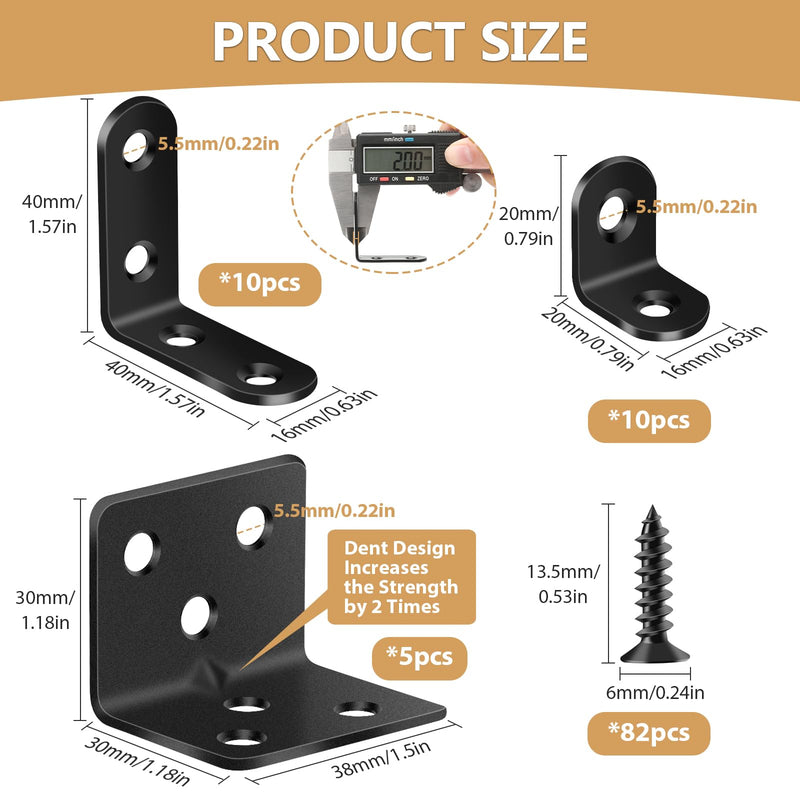25Pcs L Brackets for Shelves, 3 Sizes Angle Corner Braces Metal L Bracket Heavy Duty for Wood, Sturdy and Rustproof for Repairing Furniture with 82Pcs Screws Mounting Bracket Easily Black 3 SIZE Black