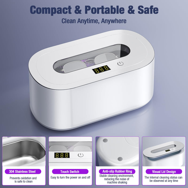 Ultrasonic Jewelry Cleaner, 48Khz 30W Portable Professional Jewelry Cleaner Ultrasonic Machine with Digital Timer, 12OZ Ultrasonic Cleaner for Eyeglasses, Rings, Necklaces, Dentures