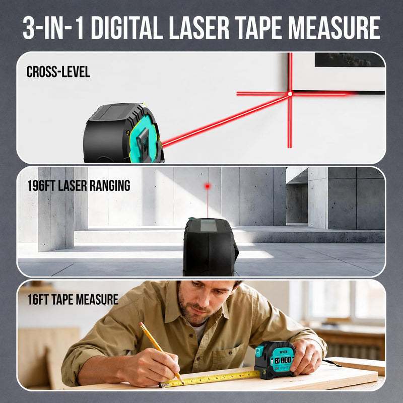 WIDX 3-in-1 Laser Tape Measure with Cross Line, 196ft Laser Rangefinder & 16ft Auto-Lock Tape Measure with Magnet, Laser Measuring Tape for in/Ft/M/Ft+n Unit, Linear/Area/Volume