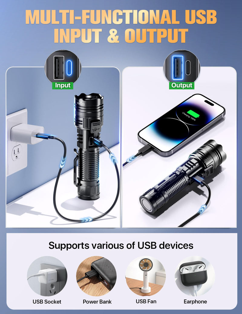 Esgofo Rechargeable Flashlights High Lumens 10000 2 Modes High/Low, Super Bright Magnetic LED Flashlight Long Distance 3280FT, Powerful Long Lasting Strong Flash Light USB C with Clip for Hiking 30.0 Watt Hours