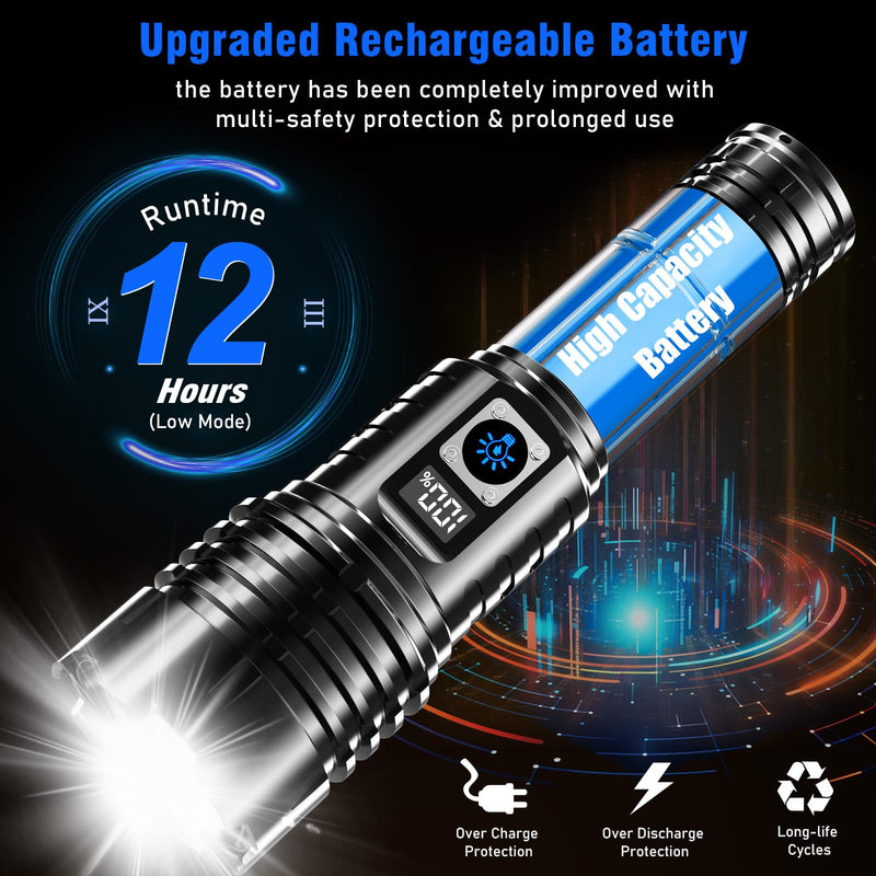 Goreit Flashlights LED High Lumens Rechargeable, 20,000 Lumens XHM77.2 Super Bright Flash Light USB, Handheld Flashlight High Powered, Powerful Flashlight Waterproof for Emergency Camping Gift Black