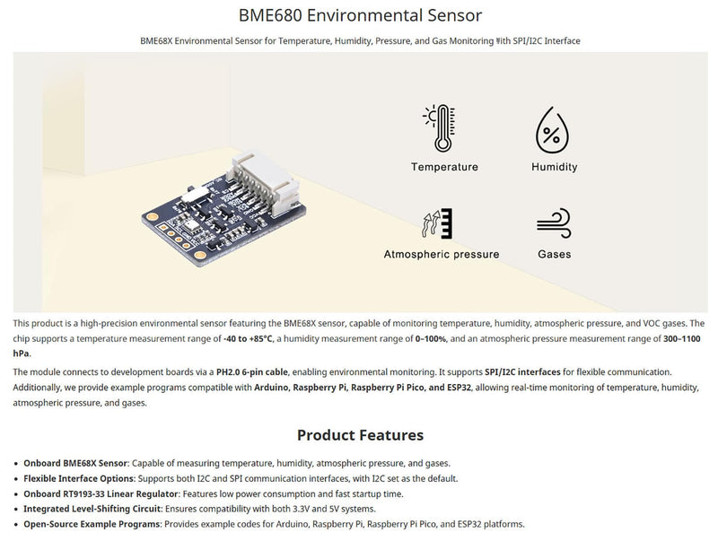 BME688 Environmental Sensor - High Accuracy Temperature, Humidity, Pressure & Gas Detector with SPI/I2C for Arduino, Raspberry Pi, ESP32