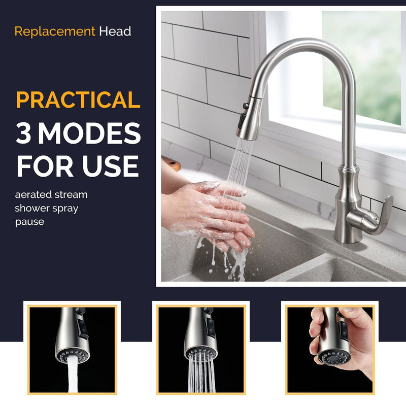 Angle Simple Kitchen Faucet Head Replacement, Sink Faucet Sprayer Attachment, Stream Spray and Pause Mode, Brushed Nickel