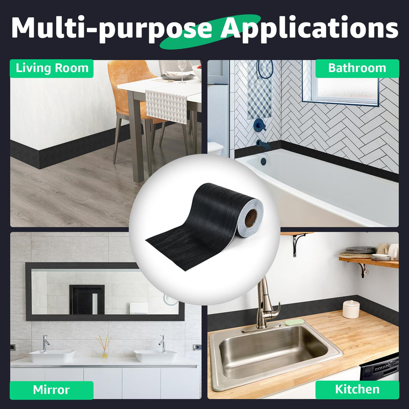 LONGKING Premium 10M Black Wood Grain Peel and Stick Mirror Border Wall Decal: Waterproof PVC Wallpaper Sticker for Kitchen & Bathroom, 393x4.2 in 4.2" x 393"