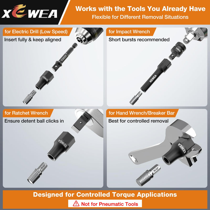 XEWEA 15PCS Bolt Screw Extractor Set, Upgrade Long Slim CR-MO Multi Spline Easy Out remover Tool Kit, 1/4" Hex Reach Design for Tight & Deep Spaces, Removes Stripped, Broken, Rusted, Rounded Studs