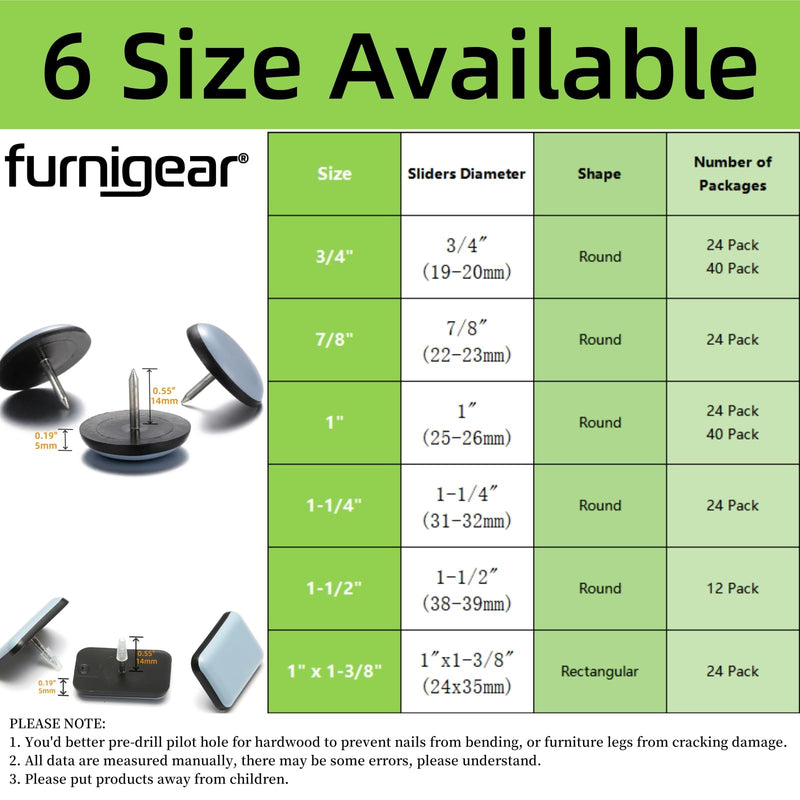1" Nail on Furniture Sliders (24 Pack) - Furnigear Heavy Duty PTFE (Teflon) Chair Sliders Glides Wooden Furniture Movers Move Your Furniture Easily & Safety - Best Chair Leg Floor Protectors Grayish Blue 1 inch-24 pack