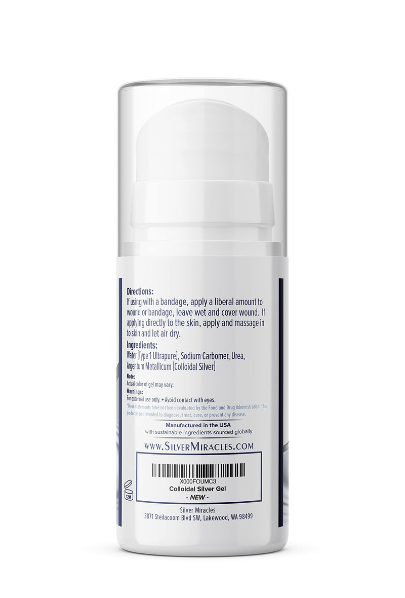 Silver Miracles - Colloidal Silver First Aid Gel - Airless Bottle - Nano Silver Gel Wound Care - Healing Ointment for Burns, Sunburns & Irritated Skin - Unscented -3.38 OZ - 25 PPM Unflavored 3.38 Ounce (Pack of 1)
