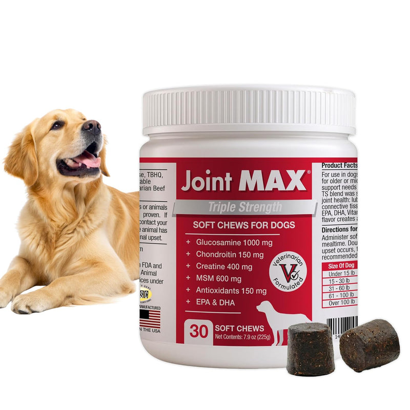 PHS Joint MAX Triple Strength (TS) Soft Chews for Dogs - Glucosamine, Chondroitin, MSM, Turmeric, Omega 3 - Hip and Joint Pain Relief and Support for Dogs - Made in USA - 30 Soft Chews