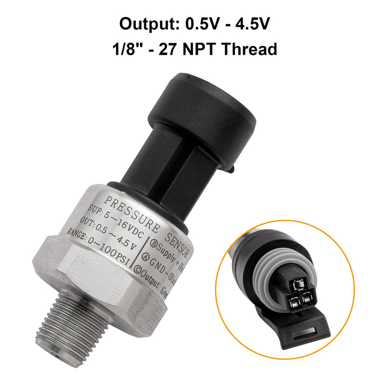 100 Psi Oil Fuel Pressure Sensor Transducer Sender 1/8" -27 NPT Thread with Harness Kit for Fuel Oil Air Water, 316 Stainless Steel Pressure Regulator 0-100 Psi Switch Sensor Transmitter