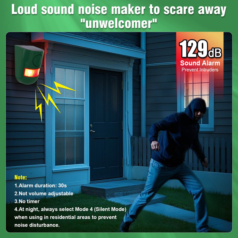 ChunHee Solar Motion Sensor Alarm Outdoor 4 Working Mode Motion Activated Alarm 129dB Loud Sound Noise Maker IP65 Waterproof Motion Detector with Strobe Light for Yard Farm Garden 2PC Green-2pack