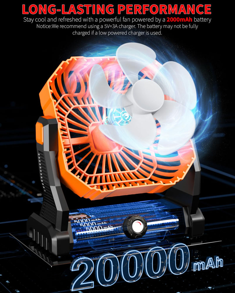 Portable Camping Fan,20000mAh Rechargeable Battery Powered Fan with LED Lantern, USB-C Battery Operated Fans,Ultra Quiet, for Outdoor Indoor Use,Travel, Tent,Beach, Picnic,Barbecue, Fishing,Home Orange
