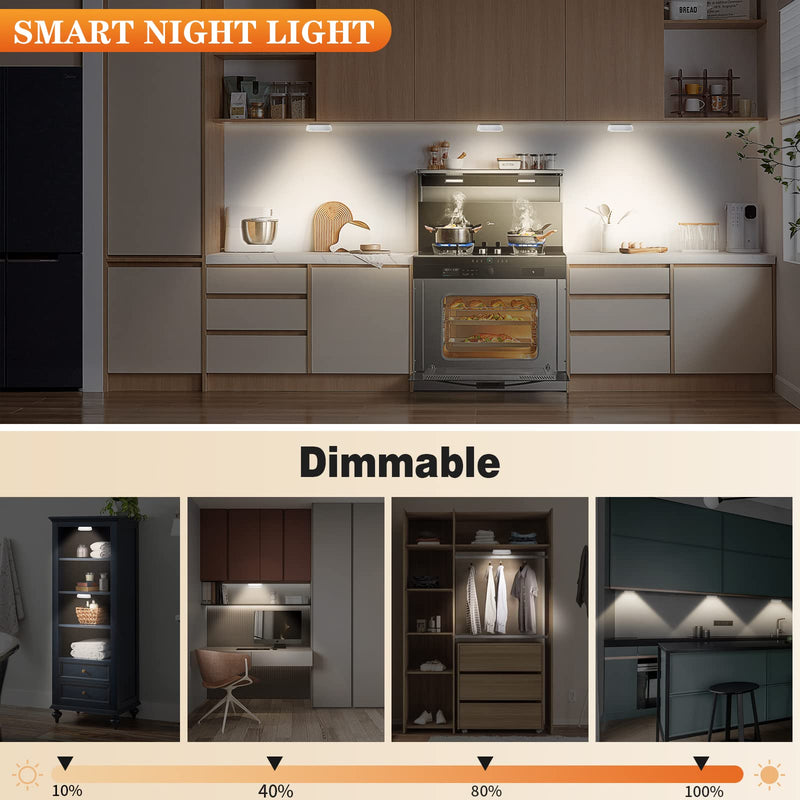 Warm Color LED Closet Lights Wireless Motion Sensor Puck Light, USB Rechargeable Battery Operated Puck Lights with Remote, Dimmable Under Cabinet Counter Lighting for Wardrobe Kitchen (6 Pack) Warm White 6 Pack