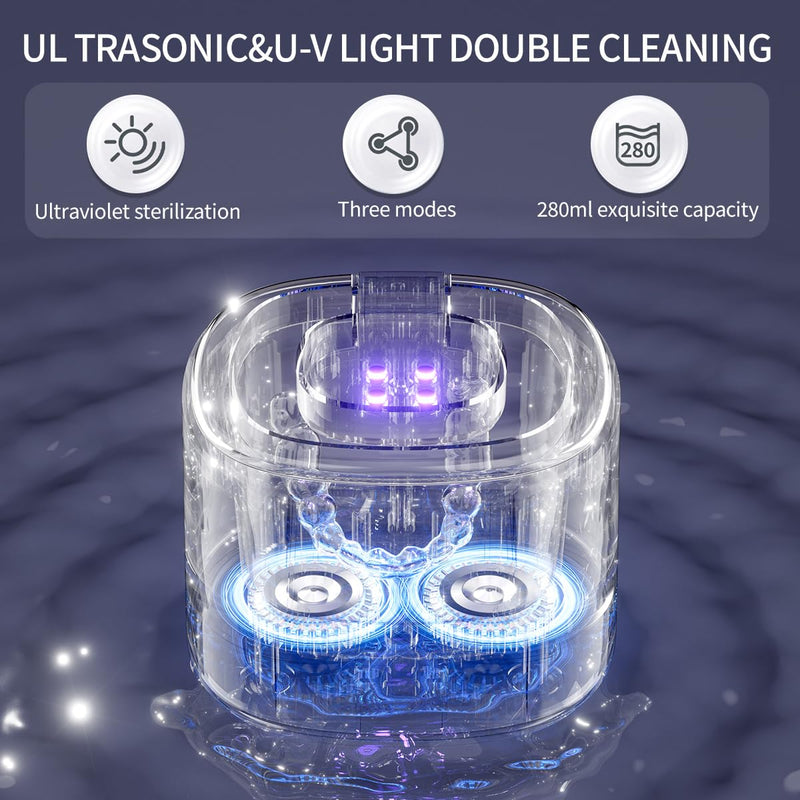 45KHz UV Ultrasonic Retainer Cleaner for Dentures Dental Aligners | 280ml tank, UV light, 3/5/10min modes and LED display for retainers, dentures, aligners, mouth guards and small jewelry