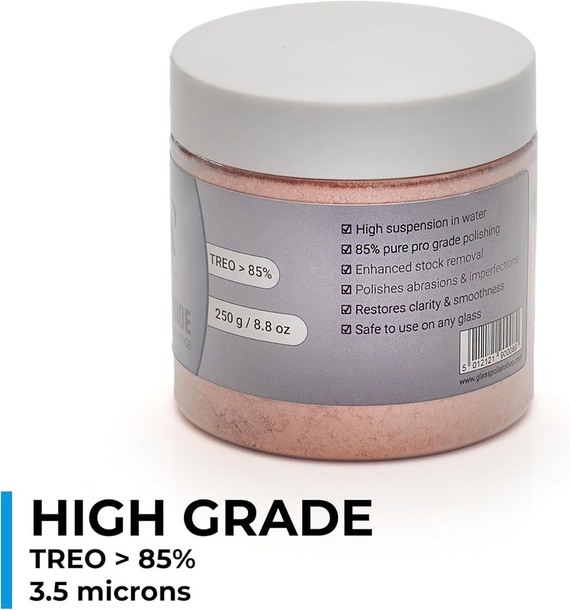 GLASS POLISH PRO 8.8oz (250g) Cerium Oxide, High-Grade Glass Polishing Powder, Enhanced Formula, TREO 85%, 3.5 Microns, Brown – GP90008