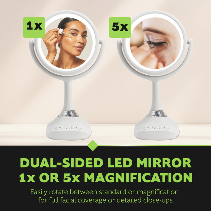 Homewerks 76-101-BT 7.5-inch Personal Makeup Mirror with Bluetooth Speakers and LED Lighting, Handheld Bluetooth Vanity Mirror with Lights for Bathrooms, Bedrooms, or Dorm Room Essentials