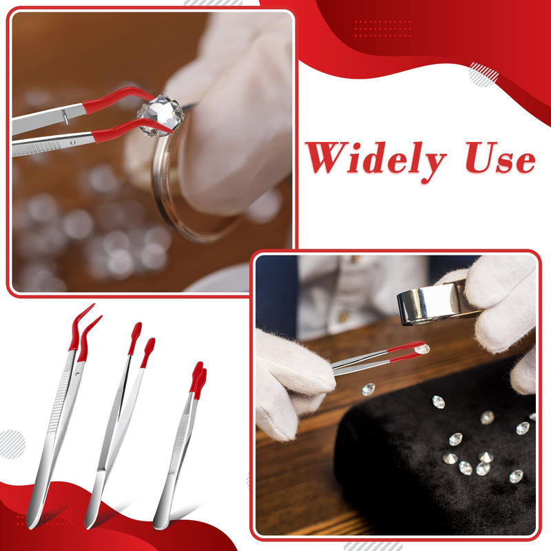 3 Pcs Tip Tweezers with Rubber, Anglekai Non-Marring Silicone Tipped Tweezers Rubber Bent Tip Flat Tweezers, Tweezers for Jewelry Coin Stamp Rubber Tweezers (Red) Red