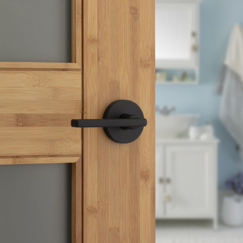 Kwikset Halifax Interior Privacy Door Handle with Lock, Round Lever for Bathroom and Bedroom, Matte Black Reversible Keyless Push Button Lock Door Lever, with Microban Protection 1 Pack