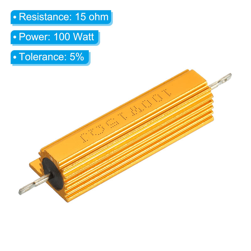 PATIKIL 100W 15 Ohm Aluminum Shell Resistor, 2 Pack Aluminum Housing Resistor Housed Case Wirewound Resistors Screw Tap Power Resistor, Golden