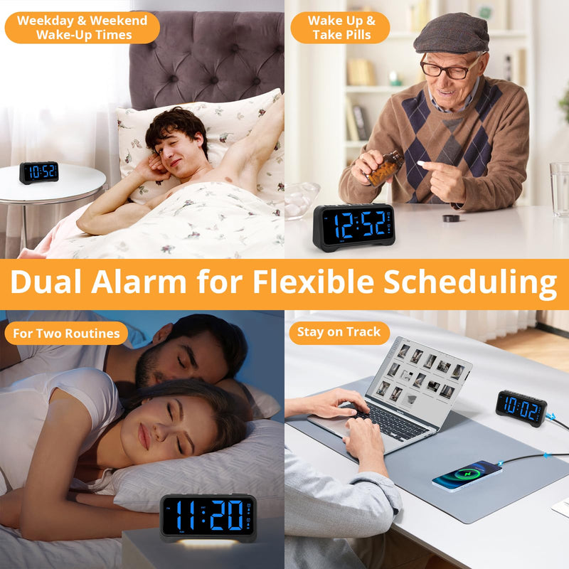 Loud Alarm Clock for Heavy Sleepers Adults, Vibrating Alarm Clock for Teens/Deaf, 7.5" Bright Clear Digital Screen, Adjustable Brightness with Night Light, 3 Levels Bed Shaker Under Pillow, Dual Alarm Blue