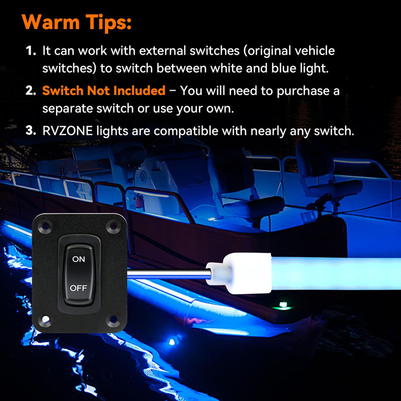 RVZONE Boat Interior Lights, 20 Inch 4 Pcs LED Boat Strip Lights 12V White and Blue Dual Color Marine Courtesy Strip Deck Transom Light for Fishing Pontoon Kayak Yacht Sailboat White&Blue 4PCS*20''
