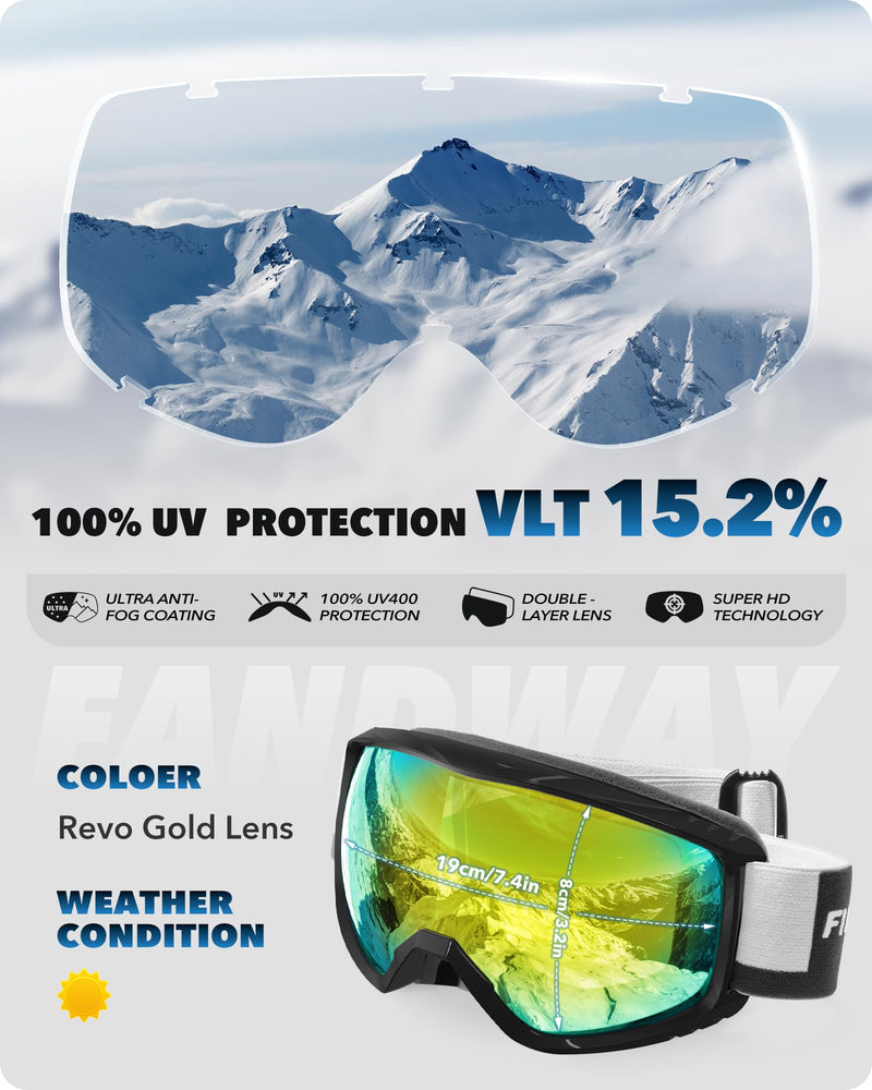 findway OTG Ski Goggles - Over Glasses Snow Snowboard Goggles for Men Women Adult & Youth - Anti-Fog 100% UV Protection Black Frame-revo Gold -Vlt-10%