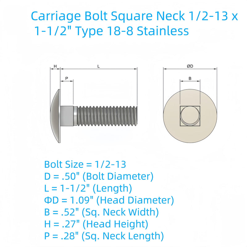 1/2"-13 X 1-1/2"(10pc) Stainless Carriage Bolt, 18-8 Stainless Steel Full Thread Coverage,Carriage Bolt,by SANTIE 1/2"-13 X 1-1/2"(10pc)