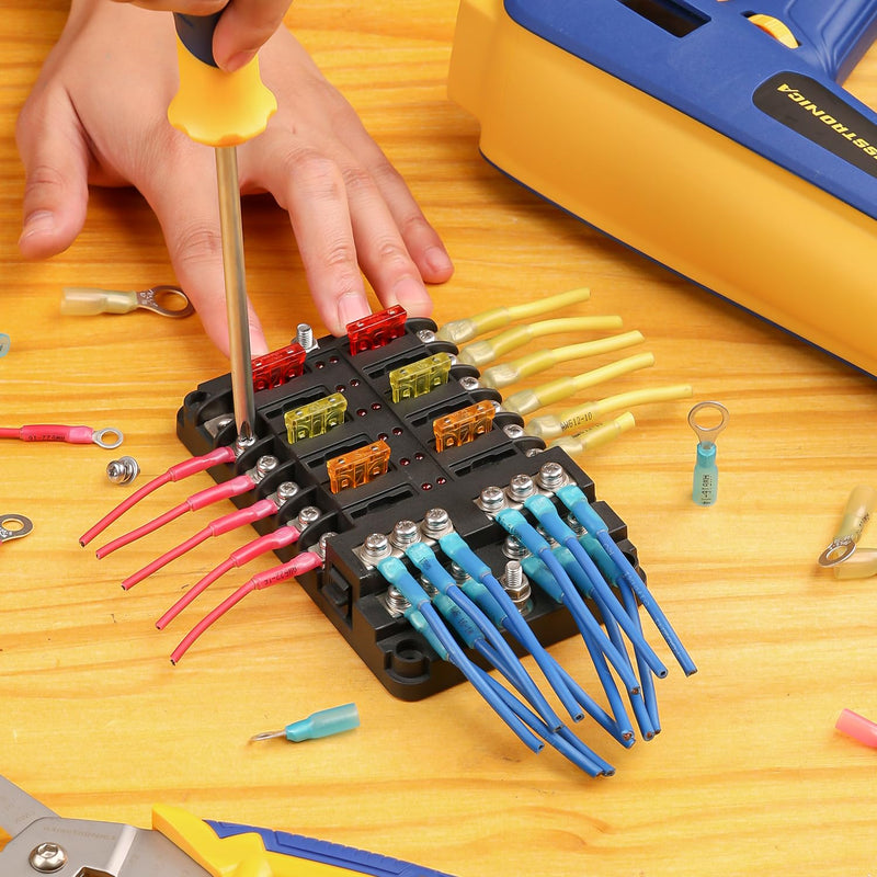 haisstronica 200PCS Heat Shrink Ring Terminals #10 Marine Grade Wire Connectors Blue AWG 16-14 Gauge, Tinned Red Copper 0.7mm Resistant Ring Connectors, Brazed-Seam Insulated Electrical Crimp Ring #10