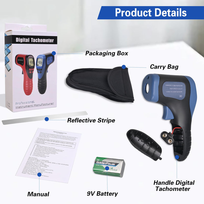 Handheld Digital Laser Tachometer - Non-Contact RPM Meter, Measures 2.5-99,999 RPM, High Precision with LCD Display, Reflective Tape Included, Ideal for Motor Speed and Industrial Use