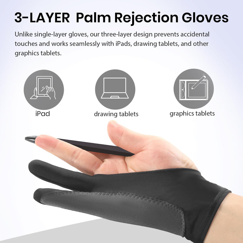 Artist Drawing Glove: 3-Layer Palm Rejection for iPad & Drawing Tablets Midnight Ink(4 Pack) Large