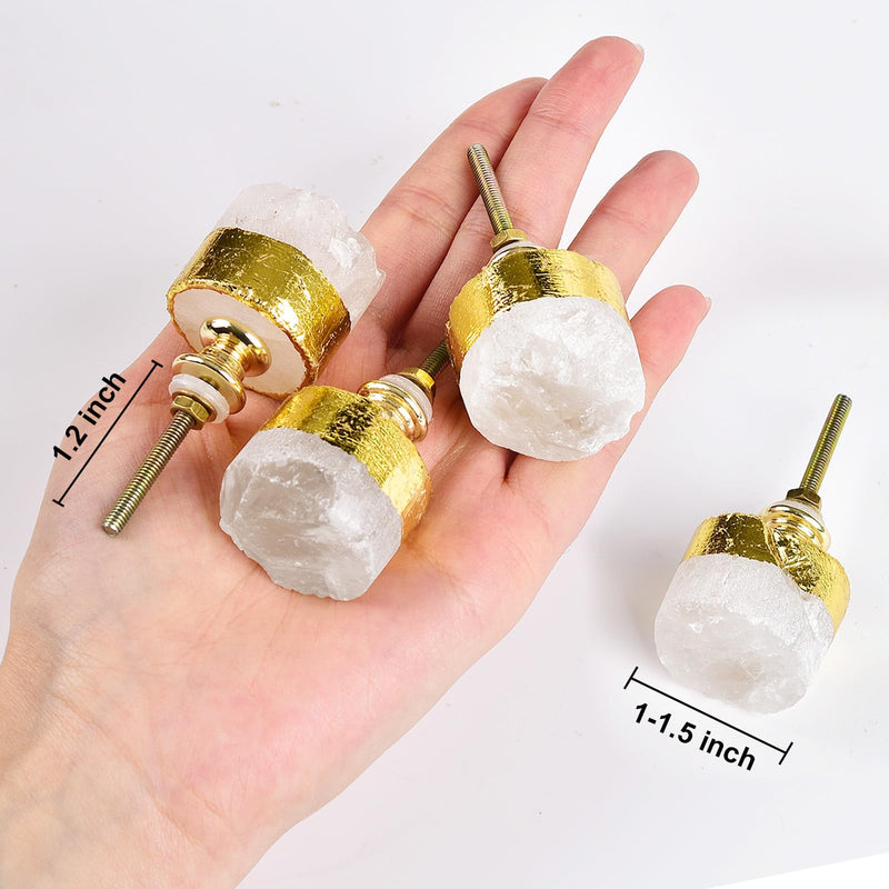JIC Gem 4 Pack Clear Quartz Crystal Cabinet Knobs Gold Plated Drawer Pulls Home Office Decor Clear Quartz, 4pcs
