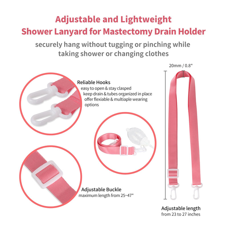 Shower Lanyard for Mastectomy Drain Holder with Hook 2PCS Quick Dry JP Drain Holders for After Breast Surgery Skin Friendly Drain Holder After Tummy Tuck Adjustable Mastectomy Recovery Supplies White and Pink