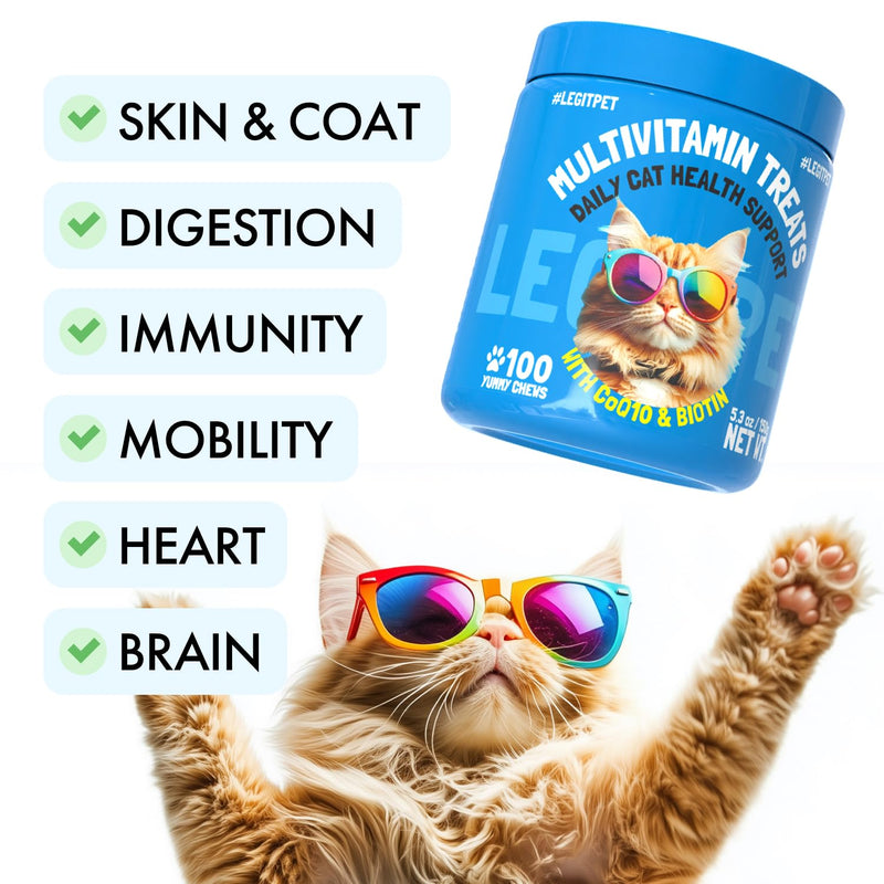 Multivitamin Cat Treats Vitamins for Indoor Cats Skin & Coat Digestion Immunity Mobility Heart & Brain Support Supplements for Overall Cat Health with Vitamins A B C D E and Biotin 100 Yummy Chews Multivimin 100