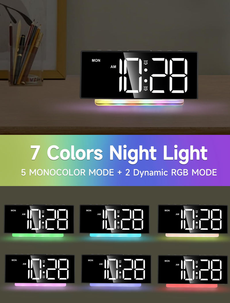 Cadmos Extra Loud Alarm Clock for Heavy Sleepers Adults,Teens,Kids,Rainbow Clock for Bedrooms,Small Bedside Digital Clock with Large Display,7 Color Night Light,12/24h(Black+Dynamic) Black+dynamic