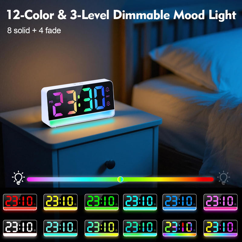 ALANAS Large RGB Digital Alarm Clock with Dynamic Color Changing Mood Lights, Dual Alarms, Snooze, Adjustable Volume & Brightness, DST, USB Ports, Bedrooms Clocks for Heavy Sleepers, Adults, Teens Rgb-white