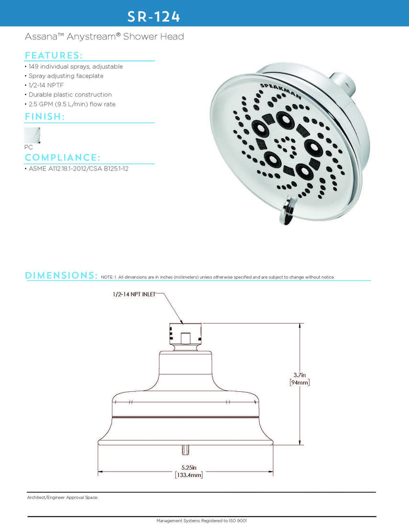 Speakman SR-124 Assana Anystream Multi-Function Shower Head, Polished Chrome